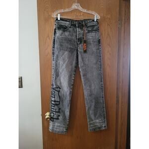 Von Dutch Originals Acid Wash Logo Print Grey Black Straight Jeans 30 NWT Y2K